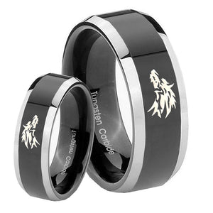 His Hers Wolf Beveled Edges Glossy Black 2 Tone Tungsten Men's Wedding Band Set