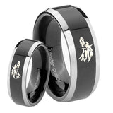 His Hers Wolf Beveled Edges Glossy Black 2 Tone Tungsten Men's Wedding Band Set