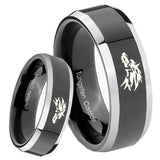 8mm Wolf Beveled Edges Glossy Black 2 Tone Tungsten Mens Anniversary Ring