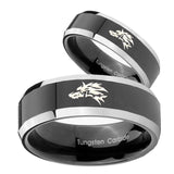 His Hers Wolf Beveled Edges Glossy Black 2 Tone Tungsten Men's Wedding Band Set