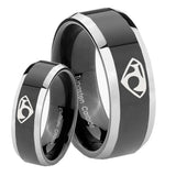 His Hers House of Van Beveled Glossy Black 2 Tone Tungsten Personalized Ring Set