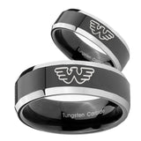 His Hers Waylon Jennings Beveled Glossy Black 2 Tone Tungsten Men Ring Set