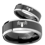 His Hers Spider Beveled Edges Glossy Black 2 Tone Tungsten Personalized Ring Set