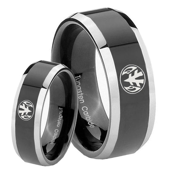 His Hers Love Power Rangers Beveled Glossy Black 2 Tone Tungsten Mens Ring Set