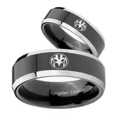 His Hers Love Power Rangers Beveled Glossy Black 2 Tone Tungsten Mens Ring Set