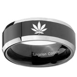 10mm Marijuana Leaf Beveled Edges Glossy Black 2 Tone Tungsten Promise Ring