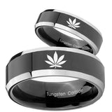 His Hers Marijuana Leaf Beveled Glossy Black 2 Tone Tungsten Mens Bands Ring Set