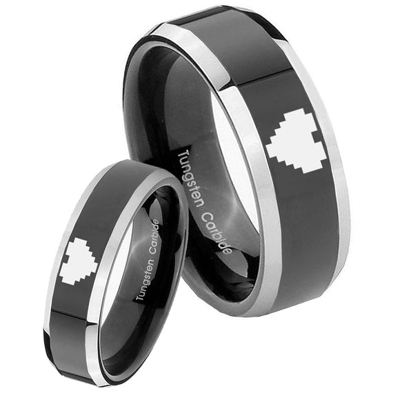 His Hers Shiny Black Bevel Zelda Heart 2 Tone Tungsten Wedding Rings Set