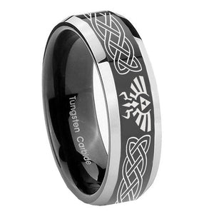 10mm Celtic Zelda Beveled Edges Glossy Black 2 Tone Tungsten Rings for Men