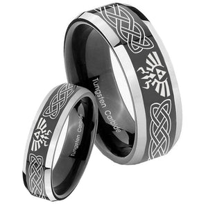 His Hers Celtic Zelda Beveled Glossy Black 2 Tone Tungsten Men's Bands Ring Set