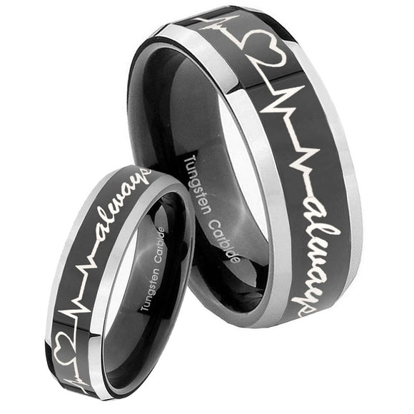 His Hers Heart Beat forever Heart always Beveled Glossy Black 2 Tone Tungsten Mens Set