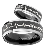 His Hers Heart Beat forever Heart always Beveled Glossy Black 2 Tone Tungsten Mens Set