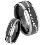 His Hers Baseball Stitch Beveled Glossy Black 2 Tone Tungsten Men's Ring Set