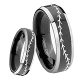 8mm Baseball Stitch Beveled Glossy Black 2 Tone Tungsten Men's Engagement Band