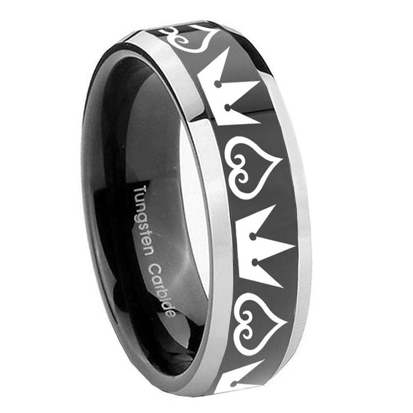 8mm Hearts and Crowns Beveled Glossy Black 2 Tone Tungsten Mens Engagement Ring
