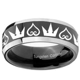 10mm Hearts and Crowns Beveled Glossy Black 2 Tone Tungsten Anniversary Ring