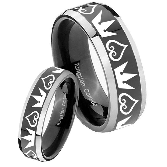 His Hers Hearts and Crowns Beveled Glossy Black 2 Tone Tungsten Mens Ring Set