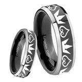 8mm Hearts and Crowns Beveled Glossy Black 2 Tone Tungsten Mens Engagement Ring