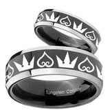 His Hers Hearts and Crowns Beveled Glossy Black 2 Tone Tungsten Mens Ring Set