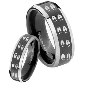 His Hers Deer Tracks Beveled Glossy Black 2 Tone Tungsten Engraving Ring Set