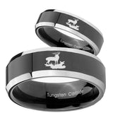 His Hers Deer Hunting Beveled Glossy Black 2 Tone Tungsten Anniversary Ring Set