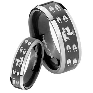 His Hers Deer Hunting Tracks Beveled Glossy Black 2 Tone Tungsten Bands Ring Set