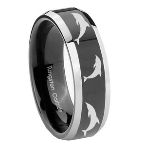 8mm Dolphins Beveled Edges Glossy Black 2 Tone Tungsten Mens Wedding Band