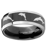 10mm Dolphins Beveled Edges Glossy Black 2 Tone Tungsten Carbide Engraved Ring