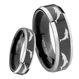 8mm Dolphins Beveled Edges Glossy Black 2 Tone Tungsten Mens Wedding Band