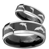 His Hers Dolphins Beveled Edges Glossy Black 2 Tone Tungsten Custom Mens Ring Set