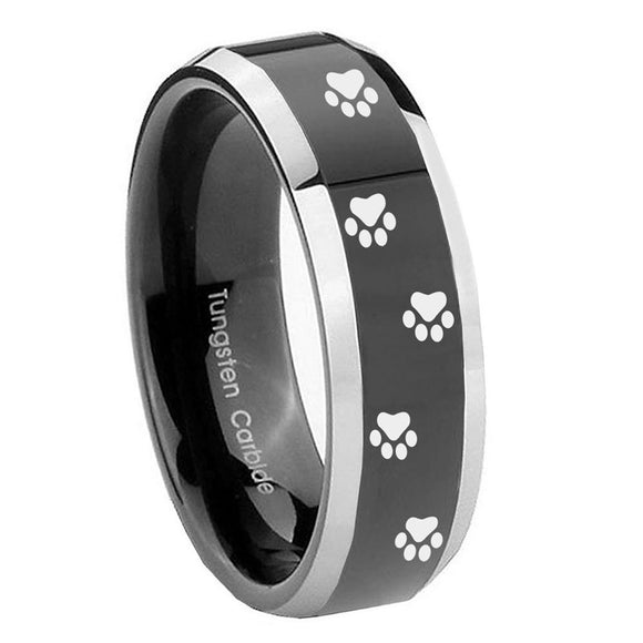 8mm Paw Print Beveled Edges Glossy Black 2 Tone Tungsten Men's Wedding Band