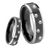 8mm Paw Print Beveled Edges Glossy Black 2 Tone Tungsten Men's Wedding Band