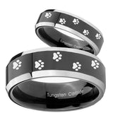 His Hers Paw Print Beveled Glossy Black 2 Tone Tungsten Custom Ring for Men Set