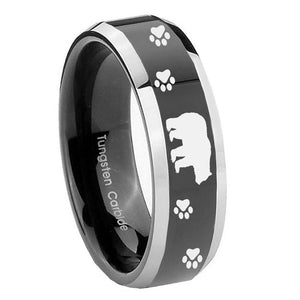 8mm Bear and Paw Beveled Edges Glossy Black 2 Tone Tungsten Mens Wedding Ring