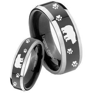 His Hers Bear and Paw Beveled Glossy Black 2 Tone Tungsten Engagement Ring Set