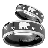 His Hers Bear and Paw Beveled Glossy Black 2 Tone Tungsten Engagement Ring Set