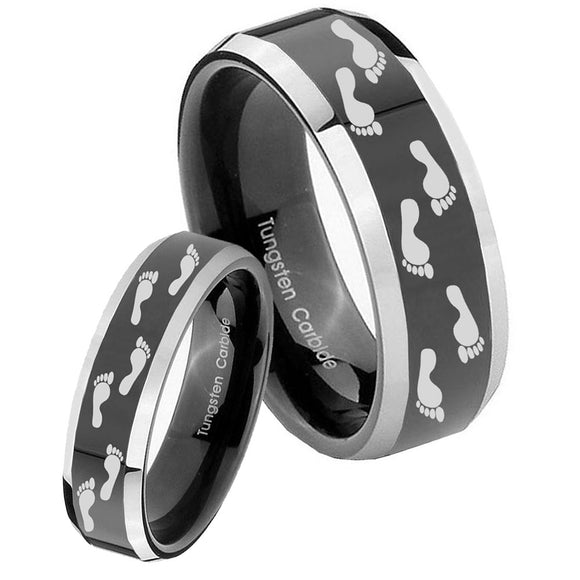 His Hers Foot Print Beveled Edges Glossy Black 2 Tone Tungsten Engraved Ring Set