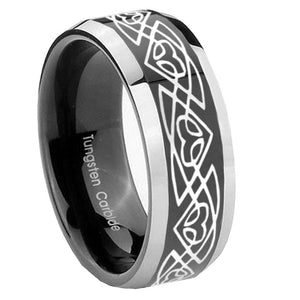 8mm Celtic Braided Beveled Edges Glossy Black 2 Tone Tungsten Men's Ring