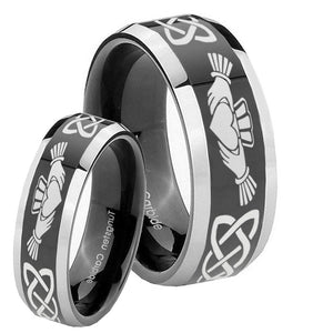 His Hers Irish Claddagh Beveled Edges Glossy Black 2 Tone Tungsten Engraved Ring Set