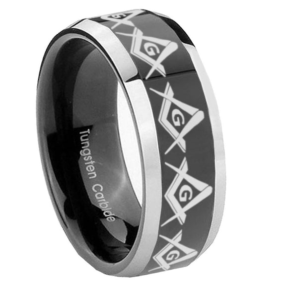10mm Masonic Square and Compass Beveled Glossy Black 2 Tone Tungsten Engagement Ring