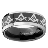 10mm Masonic Square and Compass Beveled Glossy Black 2 Tone Tungsten Engagement Ring