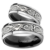 His Hers Celtic Knot Dragon Beveled Glossy Black 2 Tone Tungsten Mens Ring Set
