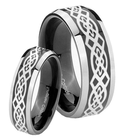 His Hers Celtic Knot Beveled Glossy Black 2 Tone Tungsten Personalized Ring Set