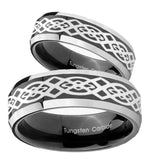 His Hers Celtic Knot Beveled Glossy Black 2 Tone Tungsten Personalized Ring Set