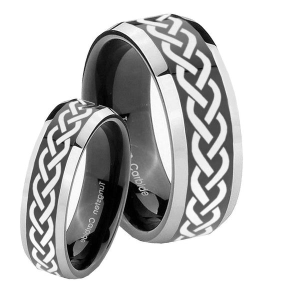 His Hers Laser Celtic Knot Beveled Glossy Black 2 Tone Tungsten Engraving Ring Set