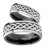 His Hers Laser Celtic Knot Beveled Glossy Black 2 Tone Tungsten Engraving Ring Set