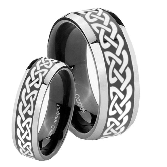 His Hers Celtic Knot Love Beveled Glossy Black 2 Tone Tungsten Engraving Ring Set