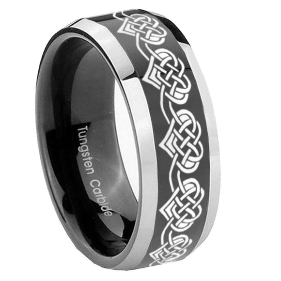 8mm Celtic Knot Heart Beveled Edges Glossy Black 2 Tone Tungsten Men's Ring