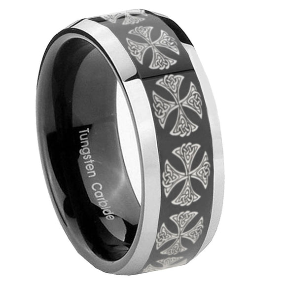 10mm Medieval Cross Beveled Glossy Black 2 Tone Tungsten Engagement Ring