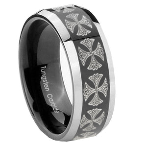 8mm Medieval Cross Beveled Edges Glossy Black 2 Tone Tungsten Men's Ring